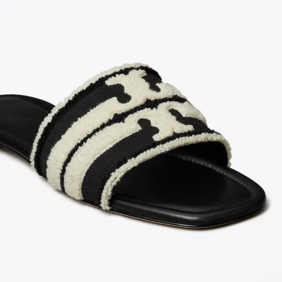WOMENS TORY BURCH DOUBLE T SLIDES IN NERO/LIGHT ALABASTER - 5
