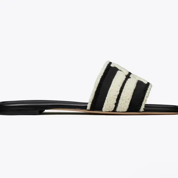 WOMENS TORY BURCH DOUBLE T SLIDES IN NERO/LIGHT ALABASTER - 5