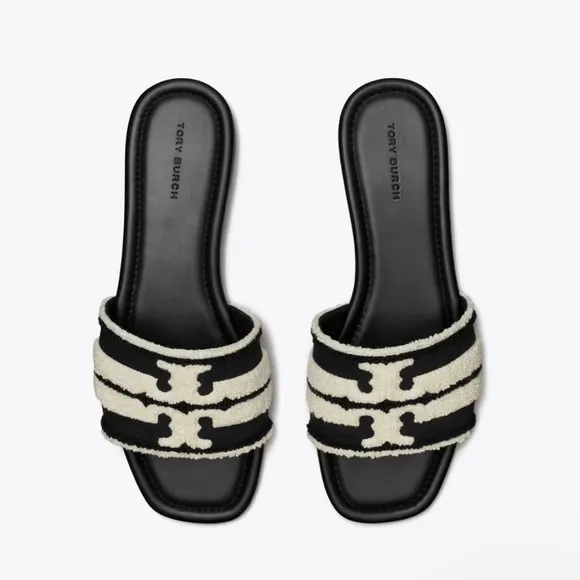 WOMENS TORY BURCH DOUBLE T SLIDES IN NERO/LIGHT ALABASTER - 5