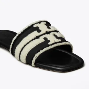 WOMENS TORY BURCH DOUBLE T SLIDES IN NERO/LIGHT ALABASTER - 5