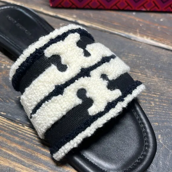 WOMENS TORY BURCH DOUBLE T SLIDES IN NERO/LIGHT ALABASTER - 5