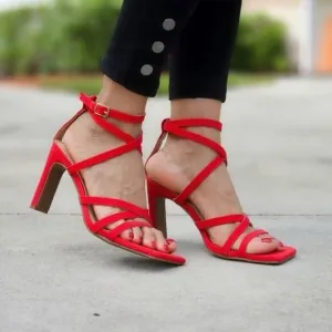 Womens Triple Straps Chunky‎ Heels Sandals Red Color