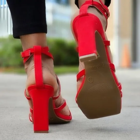 Womens Triple Straps Chunky‎ Heels Sandals Red Color