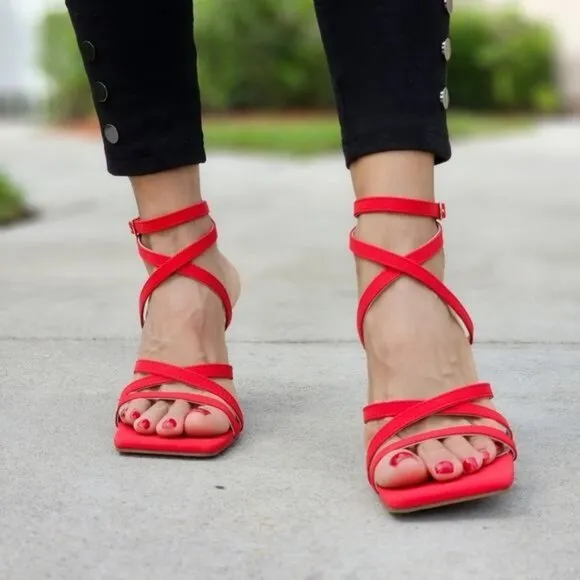Womens Triple Straps Chunky‎ Heels Sandals Red Color