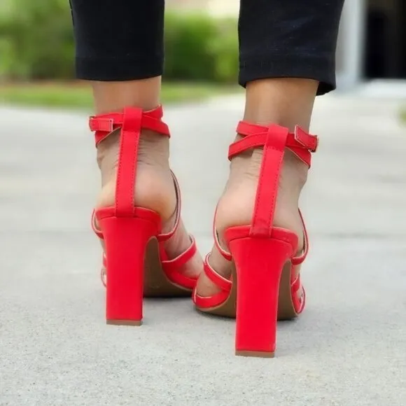 Womens Triple Straps Chunky‎ Heels Sandals Red Color