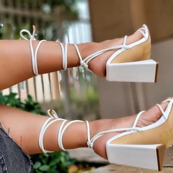 Women's White Strappy Chunky Heel Gladiator Sandals