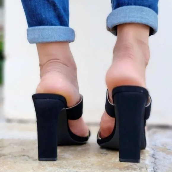 Women's Black Square Toe Ring Strappy Heel Sandals