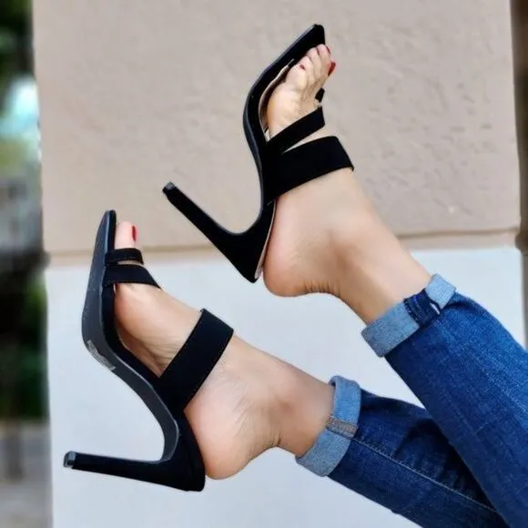 Women's Black Square Toe Ring Strappy Heel Sandals