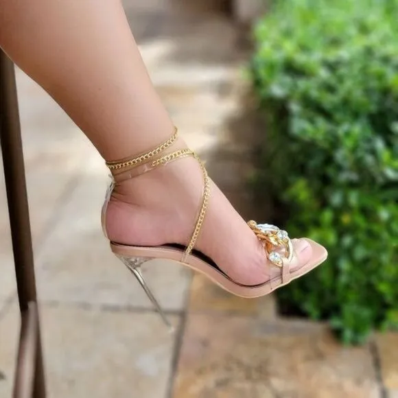 Womens Nude Strappy  Rhinestones Chain Sandals