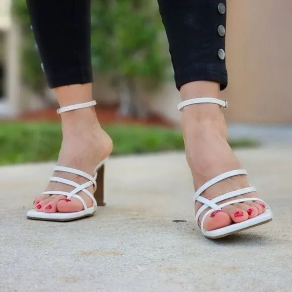 Women's White Chunky Block Heel Square Toe Ring Sandals