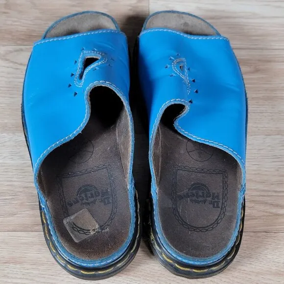 Y2K Dr Martens Chunky Sandals Womens Size 6 Blue Black Leather Heart Cutout