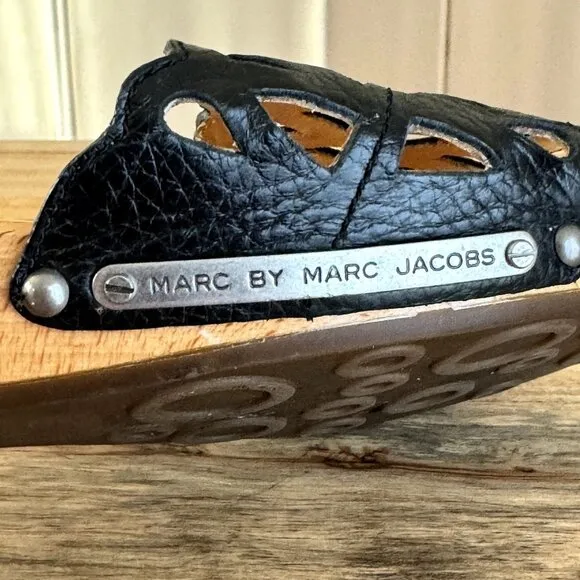 Y2K Marc by Marc Jacobs Black leather Lace Effect Wooden Wedge Slides Size 39/ 9