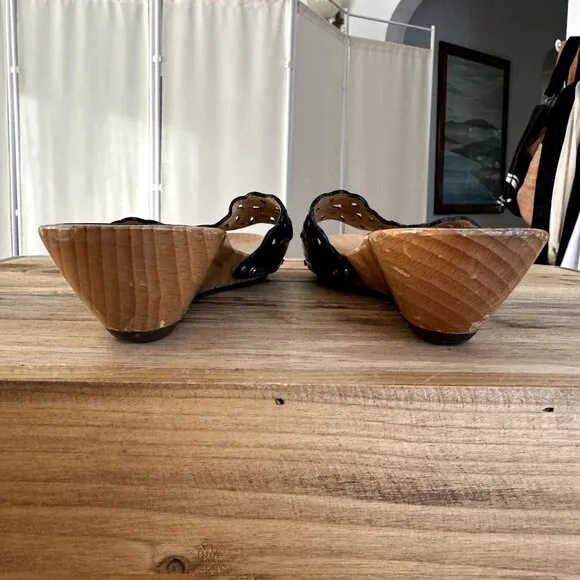 Y2K Marc by Marc Jacobs Black leather Lace Effect Wooden Wedge Slides Size 39/ 9
