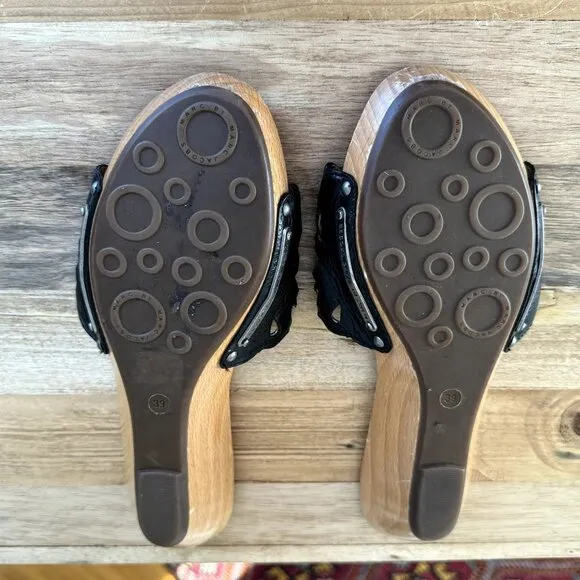 Y2K Marc by Marc Jacobs Black leather Lace Effect Wooden Wedge Slides Size 39/ 9