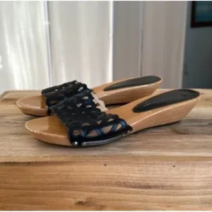 Y2K Marc by Marc Jacobs Black leather Lace Effect Wooden Wedge Slides Size 39/ 9