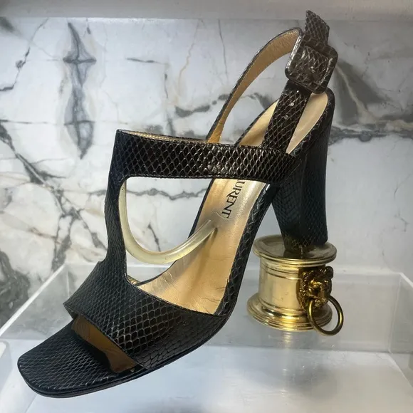 YSL snakeakin sandals and black leather sz 9M made in italy