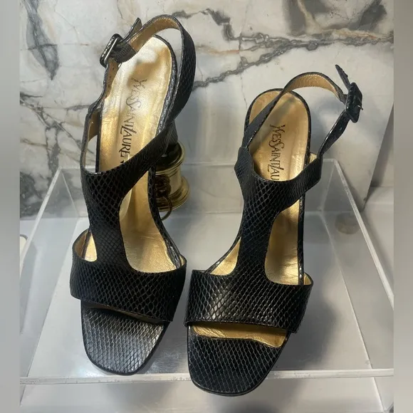 YSL snakeakin sandals and black leather sz 9M made in italy