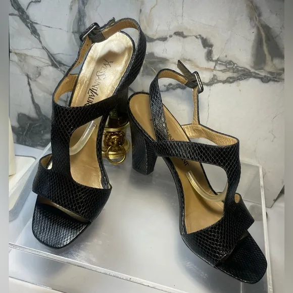 YSL snakeakin sandals and black leather sz 9M made in italy