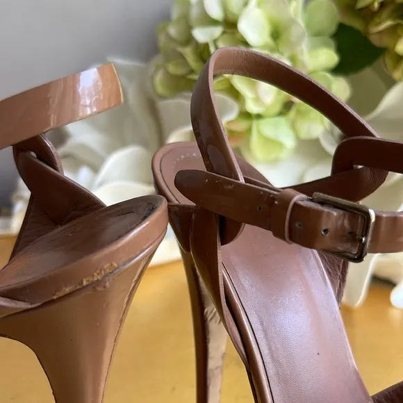 Yves Saint Laurent Brown Patent Leather Tribute Platform Sandals | Fixer…