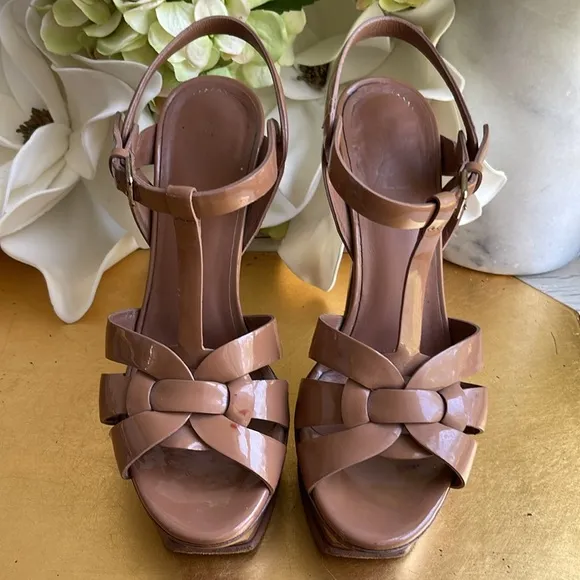 Yves Saint Laurent Brown Patent Leather Tribute Platform Sandals | Fixer…