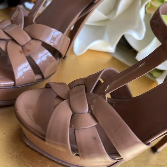 Yves Saint Laurent Brown Patent Leather Tribute Platform Sandals | Fixer…