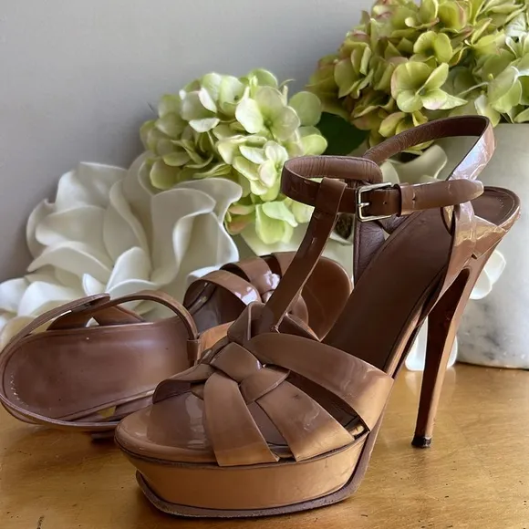 Yves Saint Laurent Brown Patent Leather Tribute Platform Sandals | Fixer…