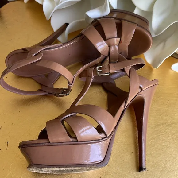 Yves Saint Laurent Brown Patent Leather Tribute Platform Sandals | Fixer…