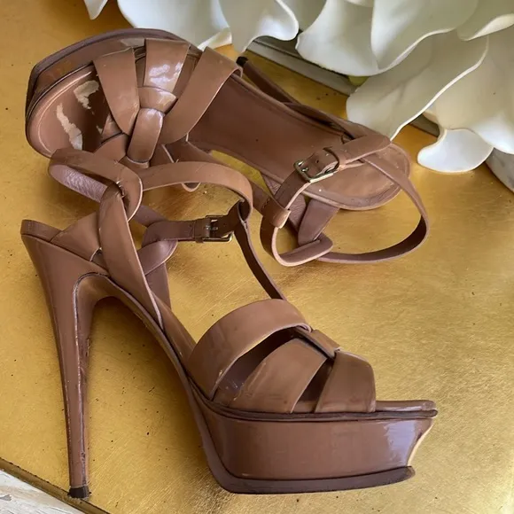 Yves Saint Laurent Brown Patent Leather Tribute Platform Sandals | Fixer…