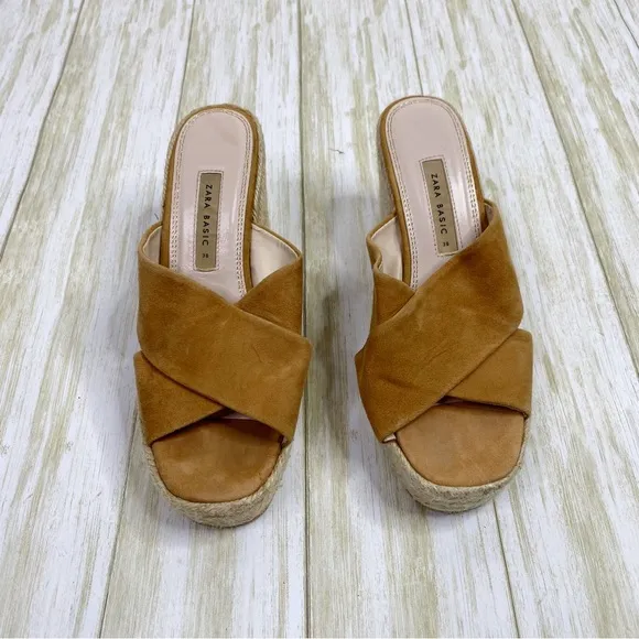 Zara Basic Tan Suede Espadrille Chunky Heeled Sandals