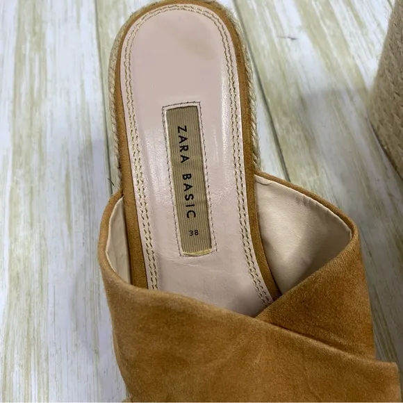 Zara Basic Tan Suede Espadrille Chunky Heeled Sandals