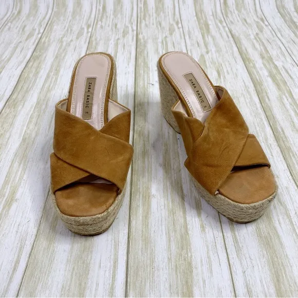 Zara Basic Tan Suede Espadrille Chunky Heeled Sandals