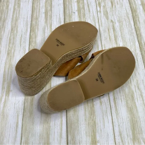 Zara Basic Tan Suede Espadrille Chunky Heeled Sandals