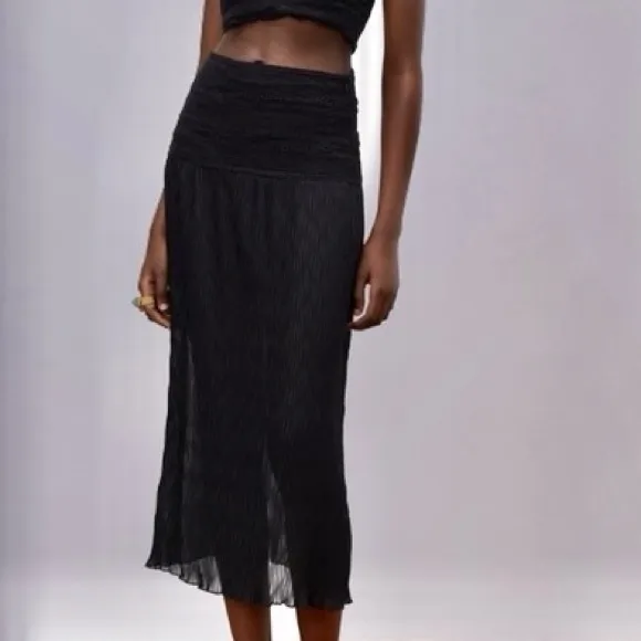 Zara black knit crochet mixed combination crocheted mesh semi-sheer midi skirt