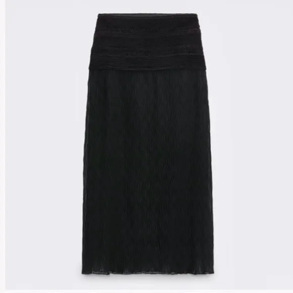 Zara black knit crochet mixed combination crocheted mesh semi-sheer midi skirt