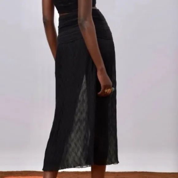 Zara black knit crochet mixed combination crocheted mesh semi-sheer midi skirt