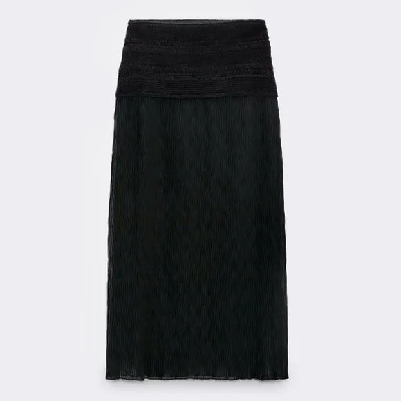 Zara black knit crochet mixed combination crocheted mesh semi-sheer midi skirt