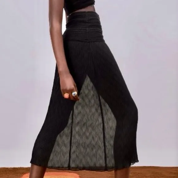 Zara black knit crochet mixed combination crocheted mesh semi-sheer midi skirt