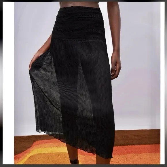 Zara black knit crochet mixed combination crocheted mesh semi-sheer midi skirt