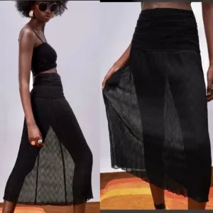 Zara black knit crochet mixed combination crocheted mesh semi-sheer midi skirt