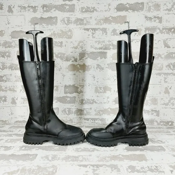 Zara Black Side Zip Chunky Round Toe Mid Shaft Chelsea Boots W150
