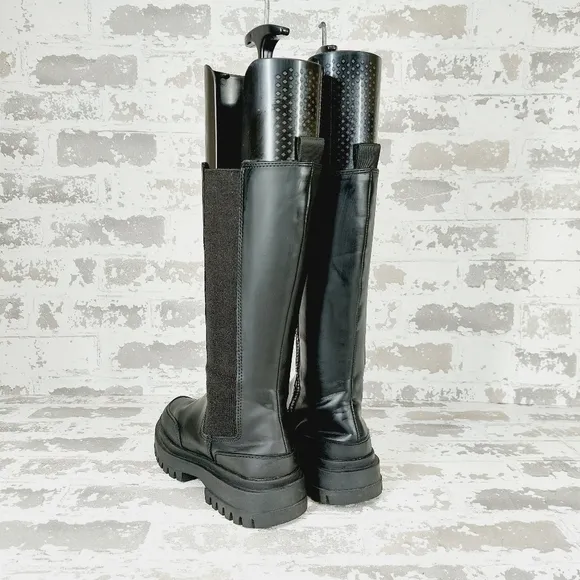 Zara Black Side Zip Chunky Round Toe Mid Shaft Chelsea Boots W150
