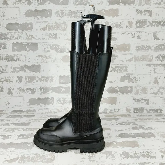 Zara Black Side Zip Chunky Round Toe Mid Shaft Chelsea Boots W150