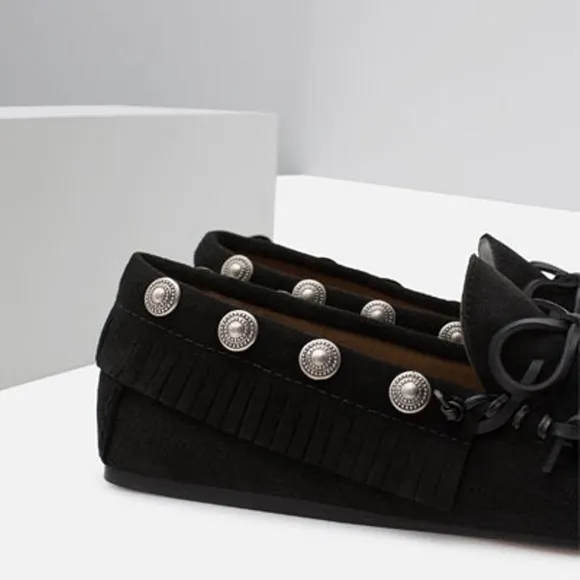 ZARA Black Studded Leather Suede Loafers Flats 8