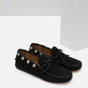 ZARA Black Studded Leather Suede Loafers Flats 8