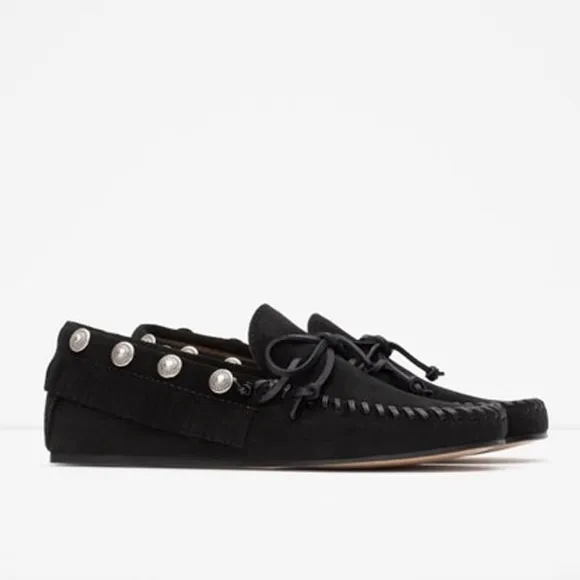 ZARA Black Studded Leather Suede Loafers Flats 8