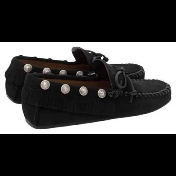 ZARA Black Studded Leather Suede Loafers Flats 8