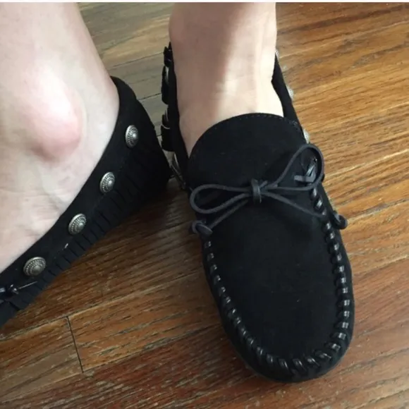 ZARA Black Studded Leather Suede Loafers Flats 8