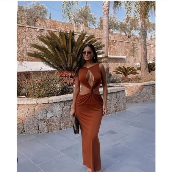 Zara Chocolate  Cut Out Maxi Dress Brown