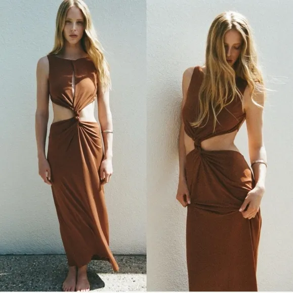 Zara Chocolate  Cut Out Maxi Dress Brown