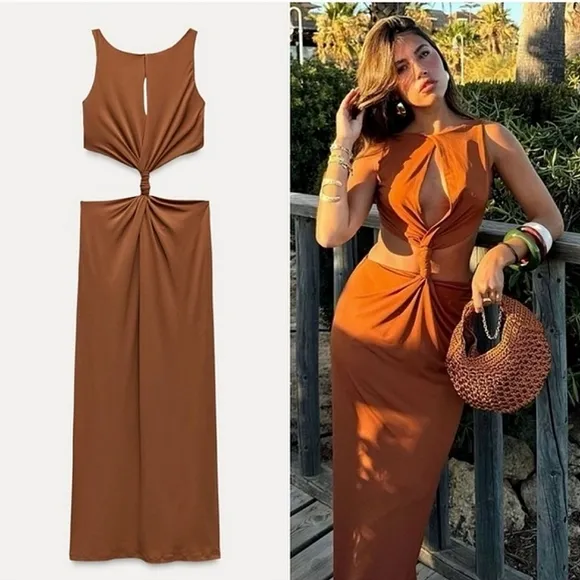 Zara Chocolate  Cut Out Maxi Dress Brown